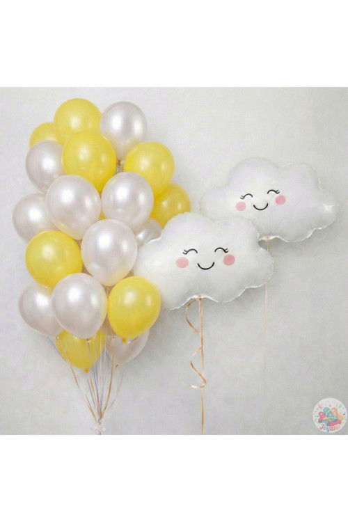 Metalik Sarı İnci Beyaz Balon Seti 22 Parça | 11’’ Lateks Balon & 40 Cm Folyo Bulut