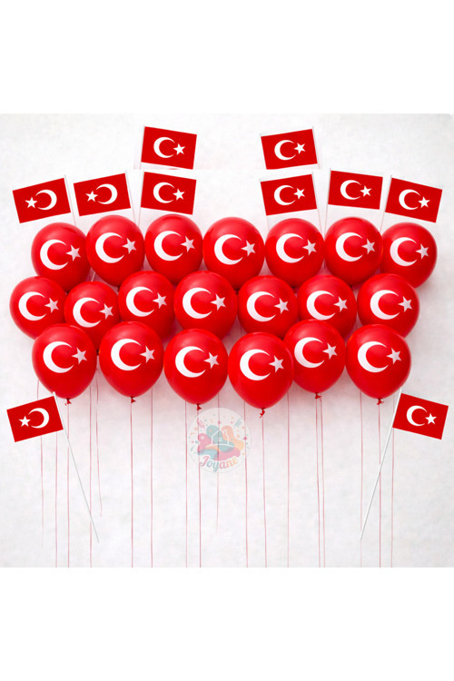 Türk Bayraklı Balon Seti 20 Adet 10'' 26 Cm + Çıtalı Türk Bayrağı 20 Adet