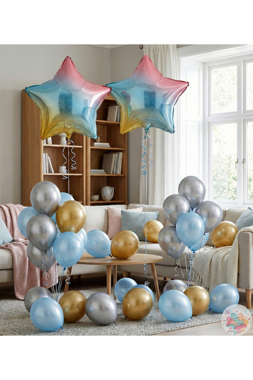 Gökkuşağı Yıldızlı Balon Seti | Altın Gri Bebek Mavi Metalik Parti Dekoru 32 Parça