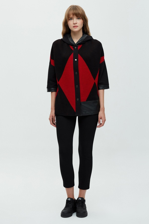 Oversize Kapüşonlu 3/4 Kol Kadın Hırka - Geometrik Desen