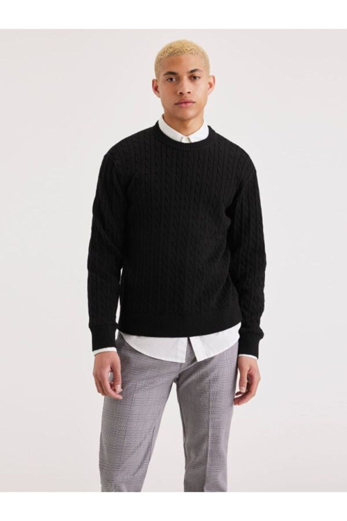 Minimalist Örgü Detaylı Erkek Uzun Kol Sweatshirt