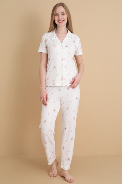 Mirano 9505 Ayıcık Desenli Pegasus Kumaş Düğmeli Kısa Kolu Kadın Pijama Takımı