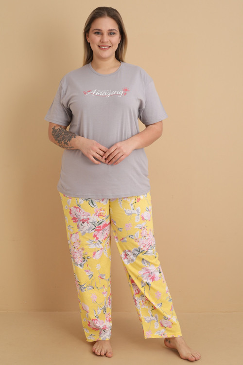 Mirano 4500 Kısa Kollu Çiçekli Süprem Kumaş Büyük Beden Kadın Pijama Takımı
