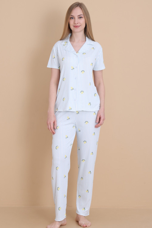 Mirano 9515 Çizgili Pegasus Pamuklu Kumaş Düğmeli Kısa Kolu Kadın Pijama Takımı