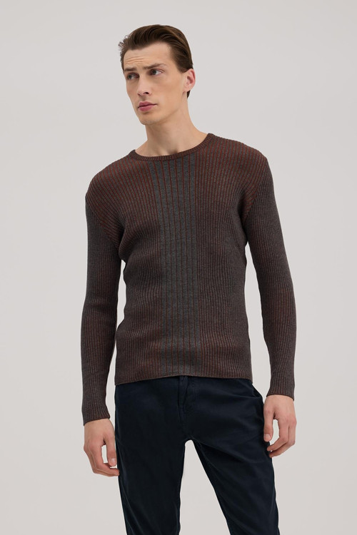 Tarçın Antrasit Slim Fit Desenli Bisiklet Yaka Triko