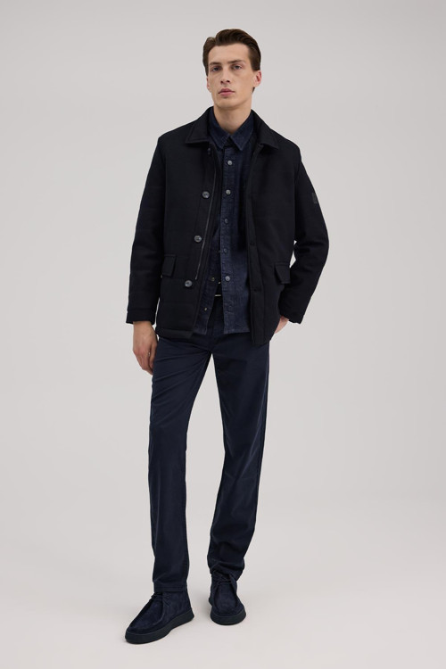 Lacivert Slim Fit Mono Yaka Yünlü Mont