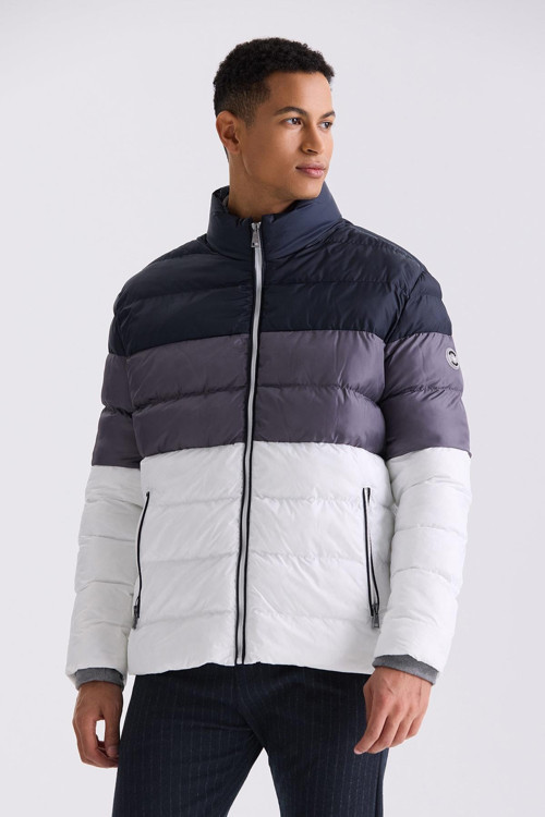 Lacivert Slim Fit Dik Yaka Kışlık Şişme Mont