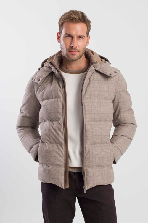 Bej Comfort Fit Ekose Kareli Kapüşonlu Mont