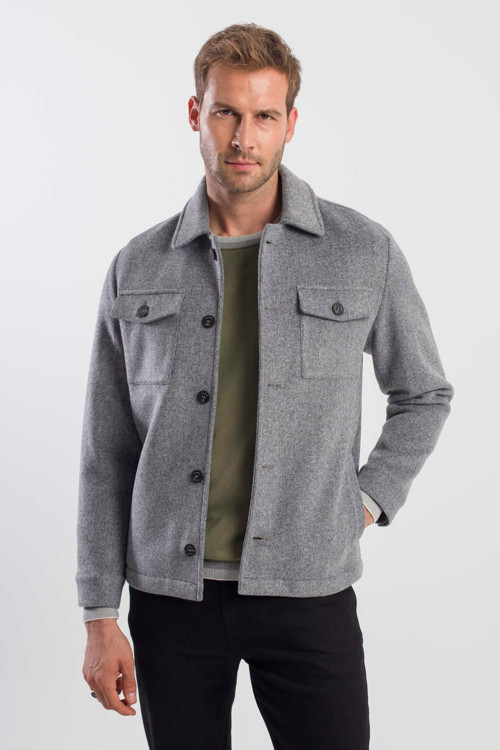 Gri Comfort Fit Bebe Yaka Yünlü Mont