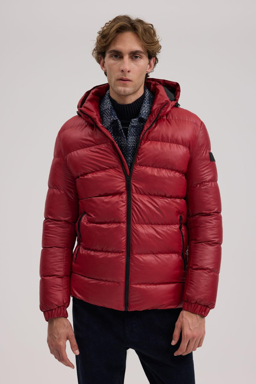 Kırmızı Regular Fit Kapüşonlu Şişme Kışlık Mont
