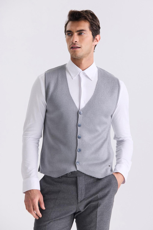 Gri Slim Fit Düğmeli Triko Yelek