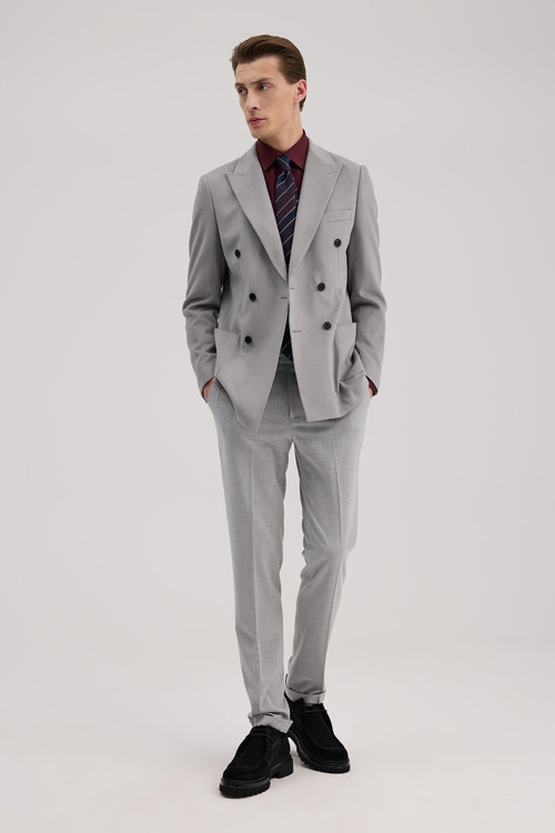 Gri Slim Fit Mono Yaka Kruvaze Ceket