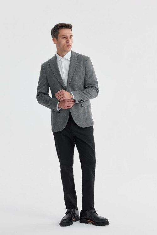 Gri Slim Fit Ekose Kareli Çift Yırtmaçlı Ceket