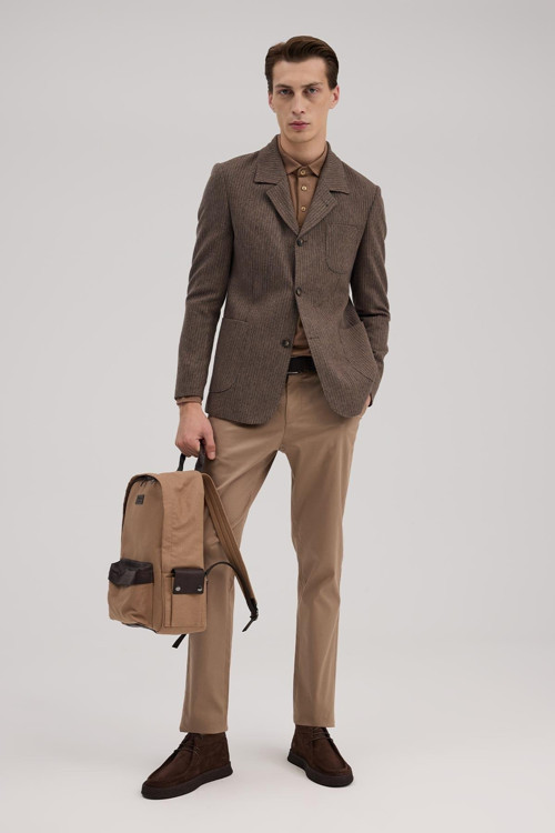 Kahve Slim Fit Berberi Yaka Çizgili Ceket