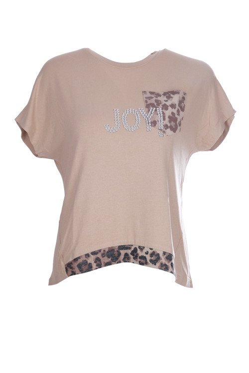 Minimalist Oversize Kısa Kol Kadın Bluz - Leopar Detay