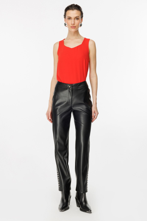 Kadın Deri Look Midi Pantolon - Minimalist Günlük Stil - Metalik Detaylar