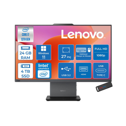 Thinkcentre Neo 50A 27 G5 Intel Core I7 13620H 4.9ghz 24GB Ddr5 4tb SSD Windows 11 Home Dokunmatik 27" Fhd (1920X1080) IPS 300NITS All In One Bilgisayar TC12SA0013TRH10 +Zetta Flash Bellek