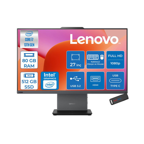 Thinkcentre Neo 50A 27 G5 Intel Core I7 13620H 4.9ghz 80GB Ddr5 512GB SSD Freedos Dokunmatik 27" Fhd (1920X1080) IPS 300NITS All In One Bilgisayar TC12SA0013TRF32 +Zetta Flash Bellek