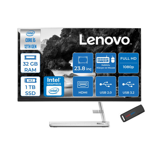 Ideacentre Aıo 3 24IAP7 Intel Core I5 12450H 32GB 1tb SSD Freedos 23.8" Fhd (1920X1080) IPS 250NITS All In One Bilgisayar Beyaz F0GH01GDTRF13+ZETTAUSBBELLEK