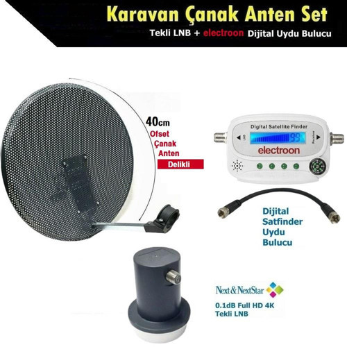 40cm Delikli Karavan Çanak Anten Seti + Next Tekli LNB + electroon Dijital Uydu Bulucu