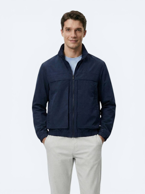 Lacivert Relaxed Fit Dik Yaka Casual Dokuma Mont