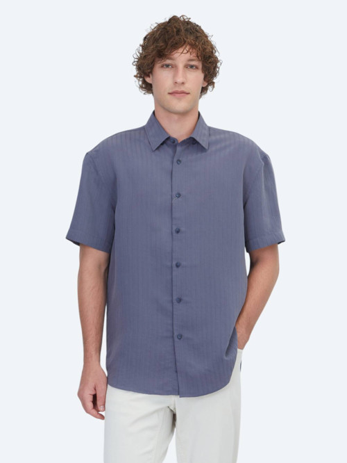 İndigo Çizgili Oversize Fit Kısa Dokuma Casual Gömlek