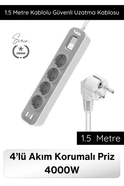 #UzatmaKablo 4’lü Akım Korumalı Priz 4000W 1.5 Metre Kablolu Çoklu Priz Aşırı Gerilim Korumalı 4 Sok