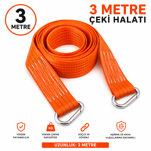 3 Metre Ağır Hizmet Çeki Halatı Dayanıklı Turuncu Çekme Kayışı