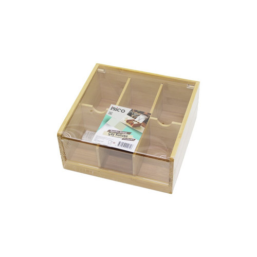 AHŞAP BAMBU 6 BÖLMELİ POŞET ÇAY KUTUSU MİKA PLASTİK KAPAK 21X20X10CM
