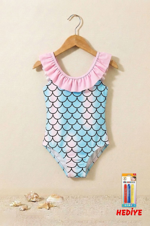 Kız Çocuk Mermaid Desenli Fırfırlı Mayo