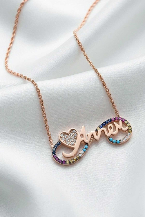 Sonsuzluk İçinde Annem Yazılı ve Kalp Motifli Rose Gold Gümüş Kolye