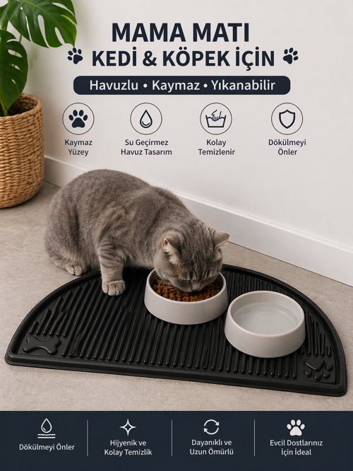 Evcil Hayvan Beslenme Matı Su Geçirmez Havuzlu Kaymaz Kedi Köpek Mama Paspası Mama Altlığı 50X26 Cm