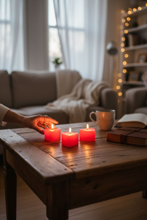 Love İnce 3 Adet Kalp Kırmızı Mini Led Mum Seti Pilli Dumansız Alevli Ledli Dekoratif Yapay Mum Dekor Işığı