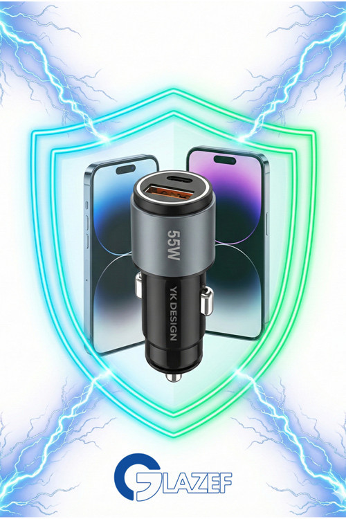 55 Watt Hızlı Araç Şarj Cihazı Çakmaklık Girişli Type-C PD + USB Çift Girişli Şarj Adaptörü