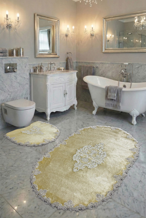 Milas Kaymaz Taban, Kadife Dantel Detaylı 2'li Süper Lüks Oval Banyo Paspası Seti
