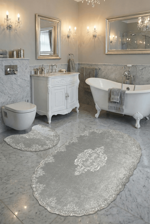 Milas Kaymaz Taban, Kadife Dantel Detaylı 2'li Süper Lüks Oval Banyo Paspası Seti