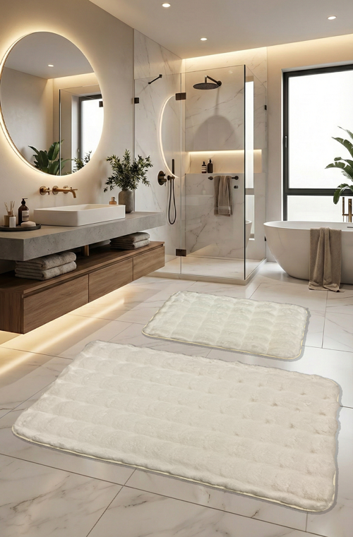 Bubble Tavşan Tüyü, Kaymaz Taban, Pofuduk, Ultra Lüks, Yıkanabilir 2'li Banyo Paspası