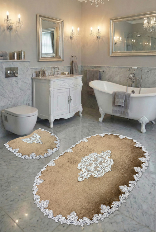 Milas Kaymaz Taban, Kadife Dantel Detaylı 2'li Süper Lüks Oval Banyo Paspası Seti