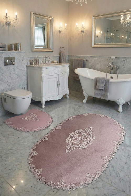 Milas Kaymaz Taban, Kadife Dantel Detaylı 2'li Süper Lüks Oval Banyo Paspası Seti