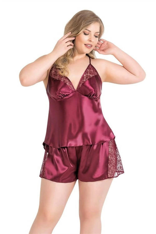 Büyük Beden Bordo Saten Babydoll Şort Takımı Kadın İç Giyim Özel Gün