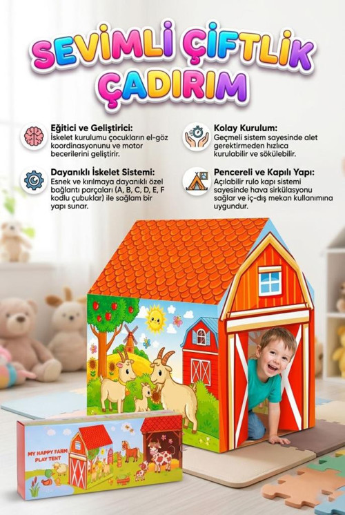 Sevimli Hayvan Çiftliği Temalı 100X70Cm Çadırı Kolay Kurulum Dayanıklı Çocuk Oyun Çadırı