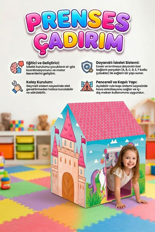 Prenses ve Unicorn Temalı 100x70cm Kolay Kurulum Dayanıklı Çocuk Oyun Çadırı