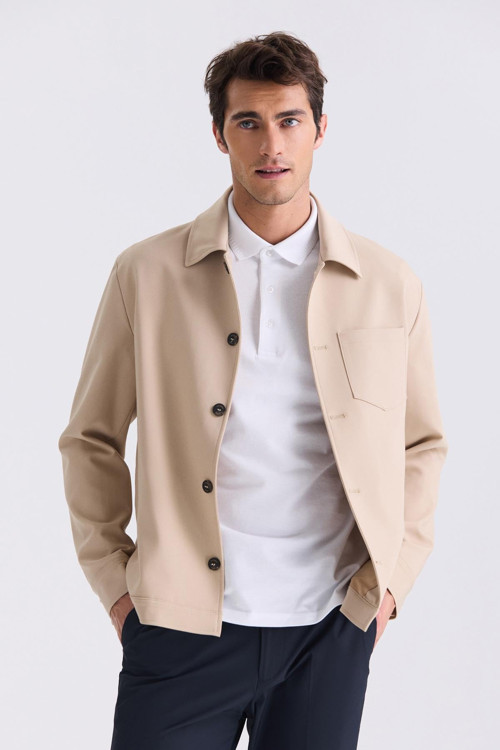 Bej Slim Fit Bebe Yaka Mevsimlik Mont