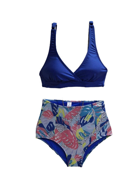Kadın Yüksek Bel Mavi Üçgen Bikini Takımı
