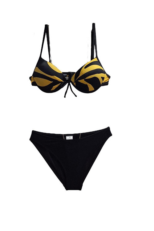 Kadın Siyah Hardal Detaylı Push-Up Desenli Bikini Takımı