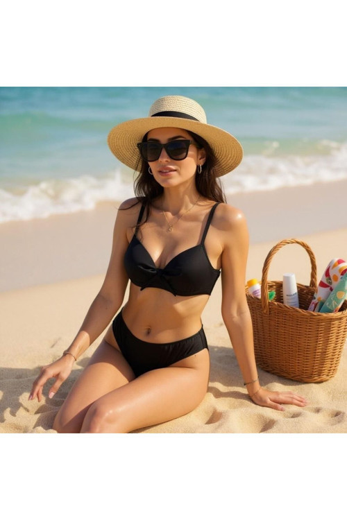 Kadın Siyah Büyük Kalıp Push-up Fiyonklu Alt Üst Bikini Takım