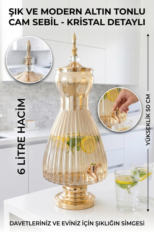 Cam Sebil - Yağlık, Şerbetlik, Sürahi - 6 Litre, 50 CM-5
