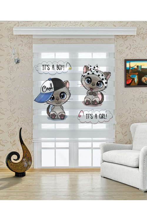(ENXBOY)KEDİLER DİJİTAL BASKILI ZEBRA PERDE-COCUK ODASI-STOR PERDE