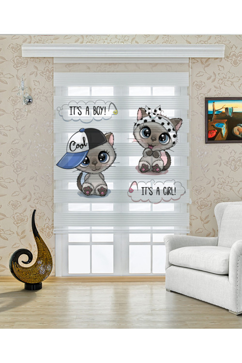 (ENXBOY)KEDİLER DİJİTAL BASKILI ZEBRA PERDE-COCUK ODASI-STOR PERDE