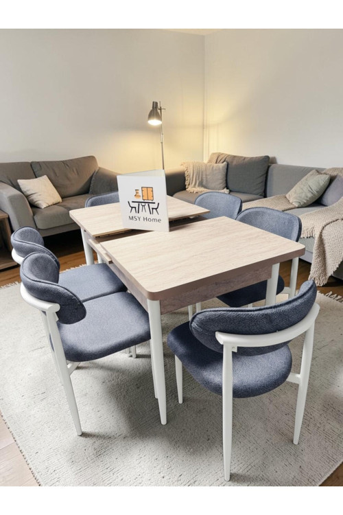 6 Kişilik Lina 80*130 Traverten Açılır Masa Sandalye Seti (Modern Seri)Krem İskelet